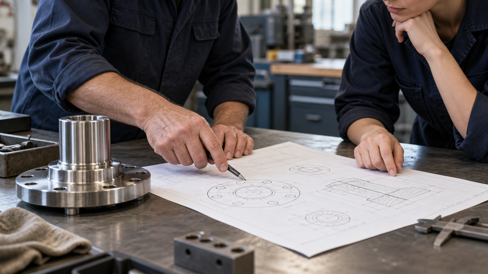 Illustratives Motiv: gemeinsame Arbeit an einer technischen Zeichnung